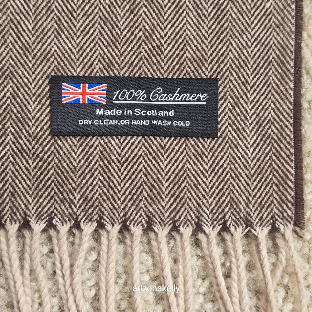 NWOT Cashmere Herringbone Scarf Brown & Creme Made in Scotland